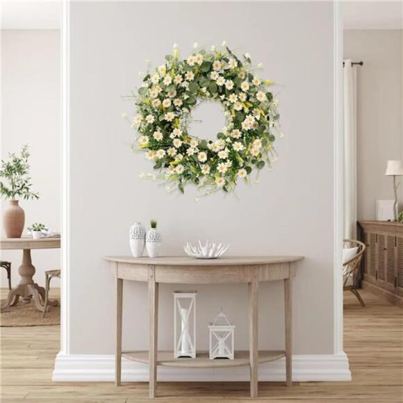 White Daisy Wreath 24 Inch Spring Summer Wreath Fake Silk Floral Wreath - Picture 4 of 8